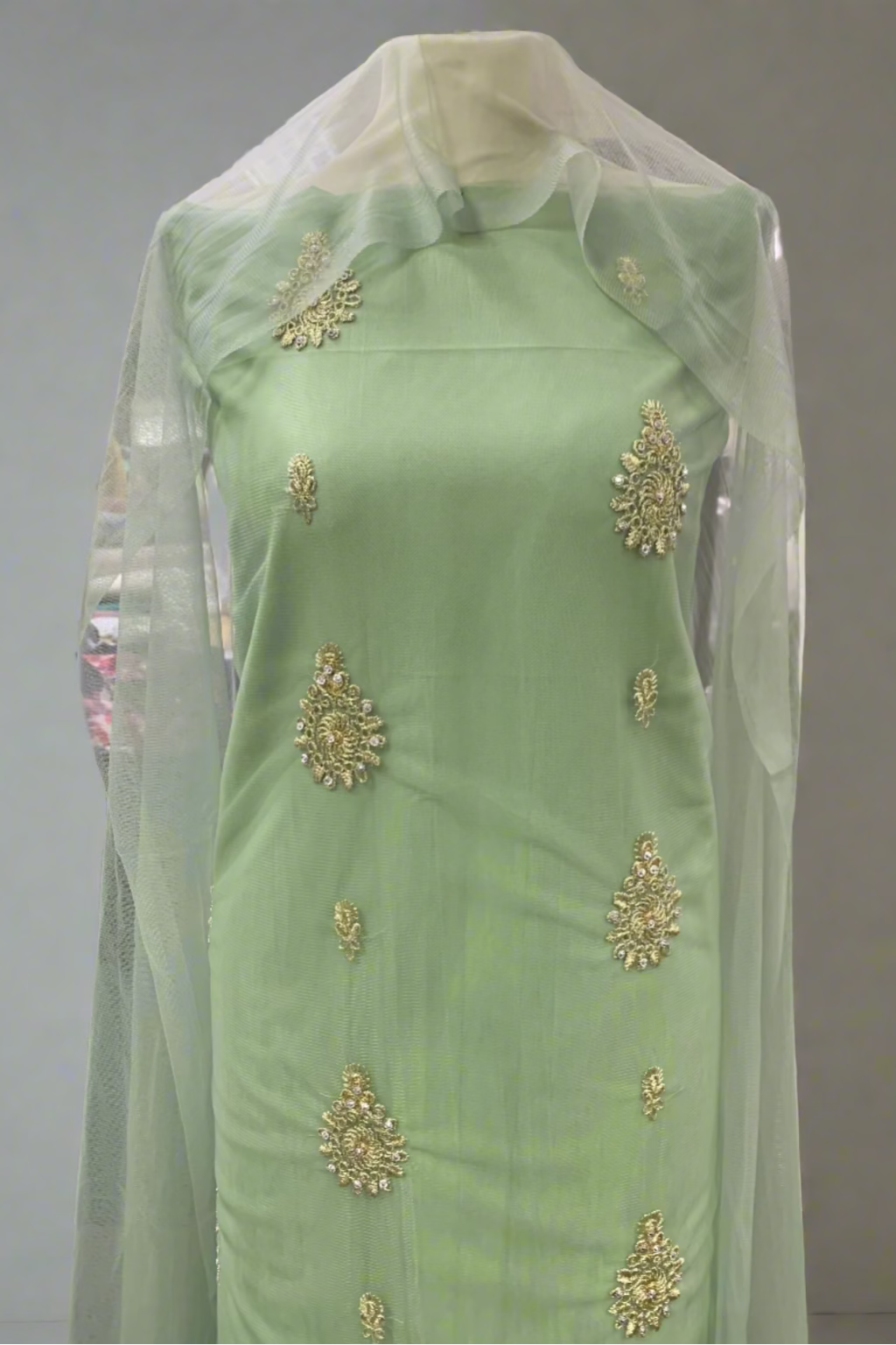 Light green embroidered dress with a sheer overlay in a store setting