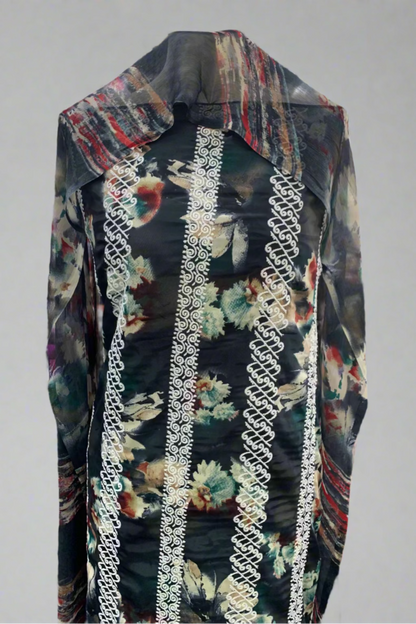Floral patterned garment with embroidery trim in a fabric store setting
