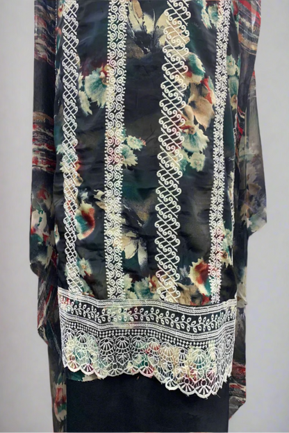 Floral fabric with embroidery trim displayed in a store setting
