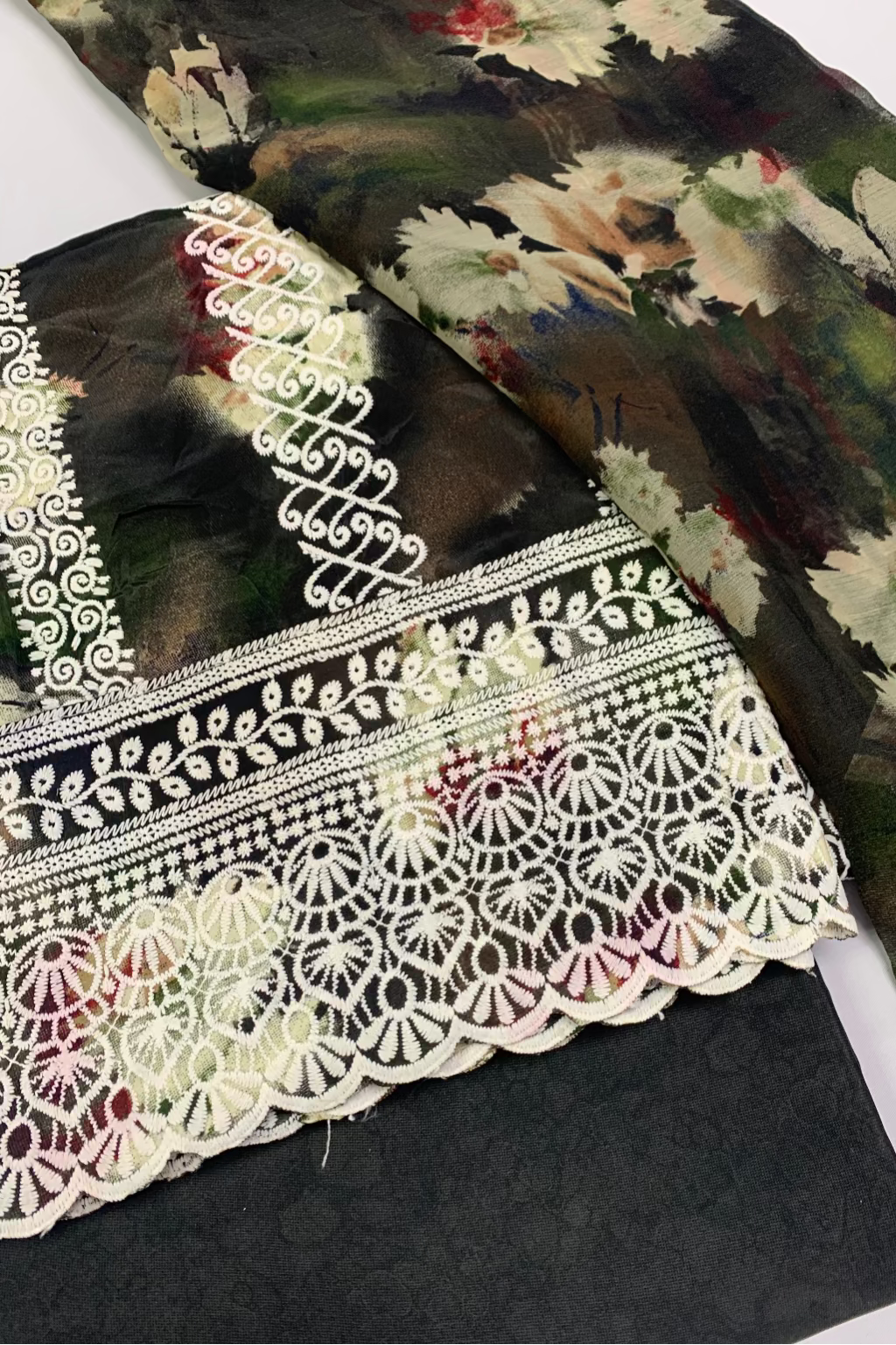 Close-up of a piece of fabric with intricate lace detailing on a floral background.