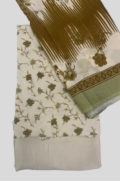 Beige fabric with floral patterns and brown fringes on a white background