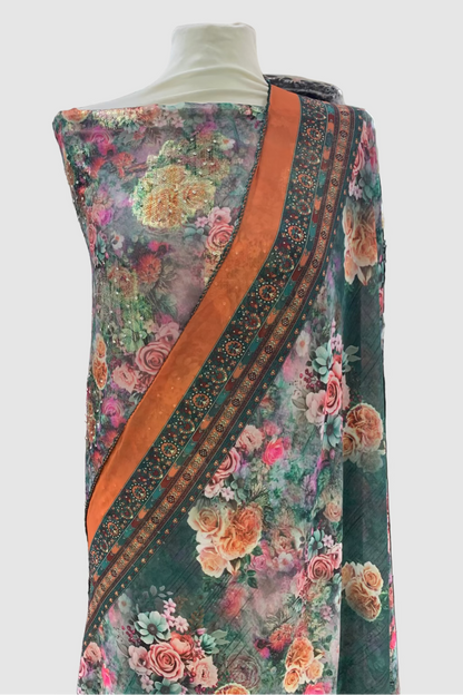 Floral patterned fabric on a mannequin in a store setting
