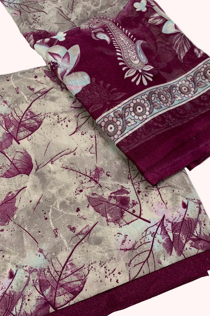 D165 Large Leaf Print 3pc Unstitched Crepe Suit