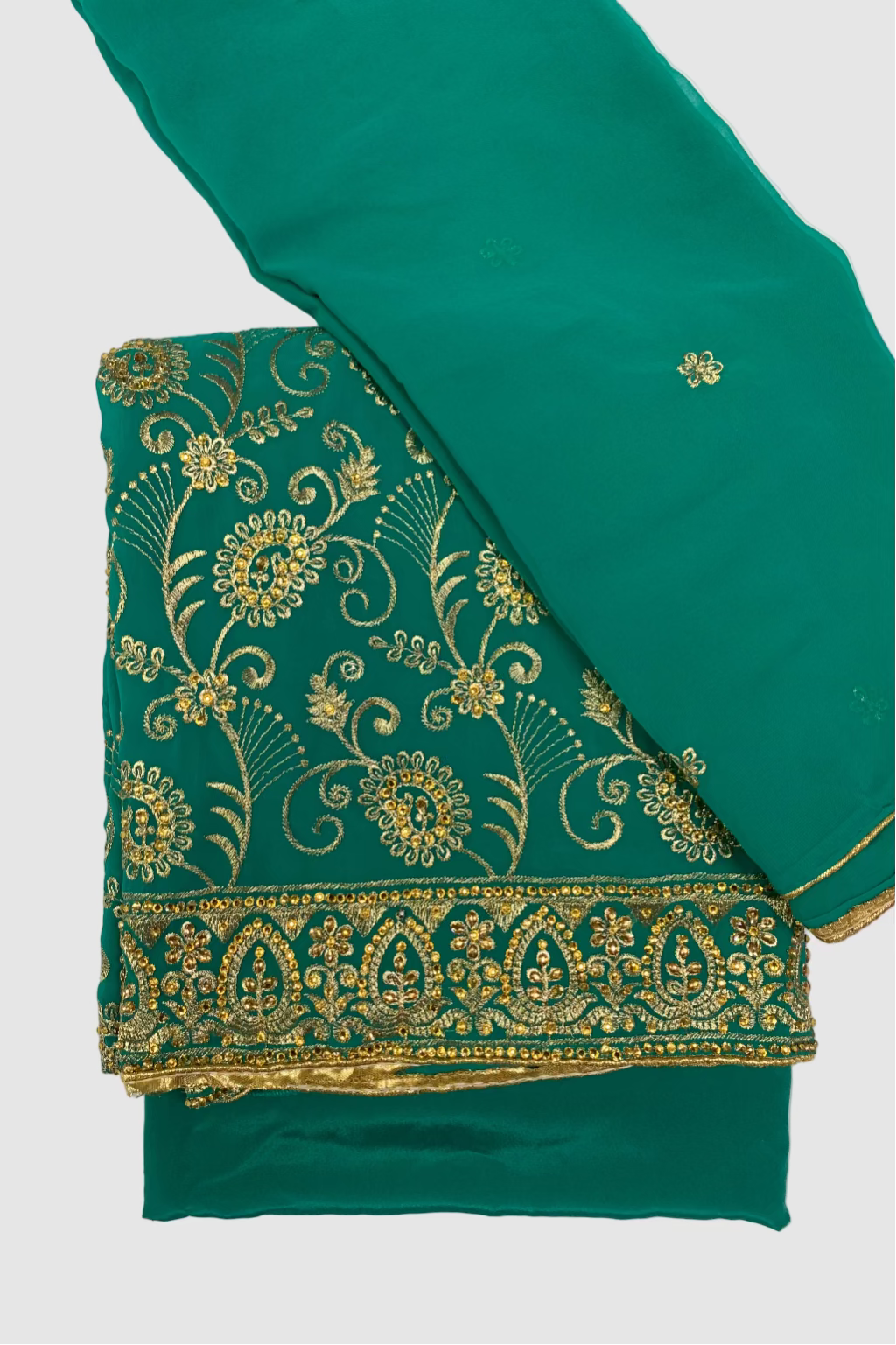 Green fabric with gold embroidery on a white background
