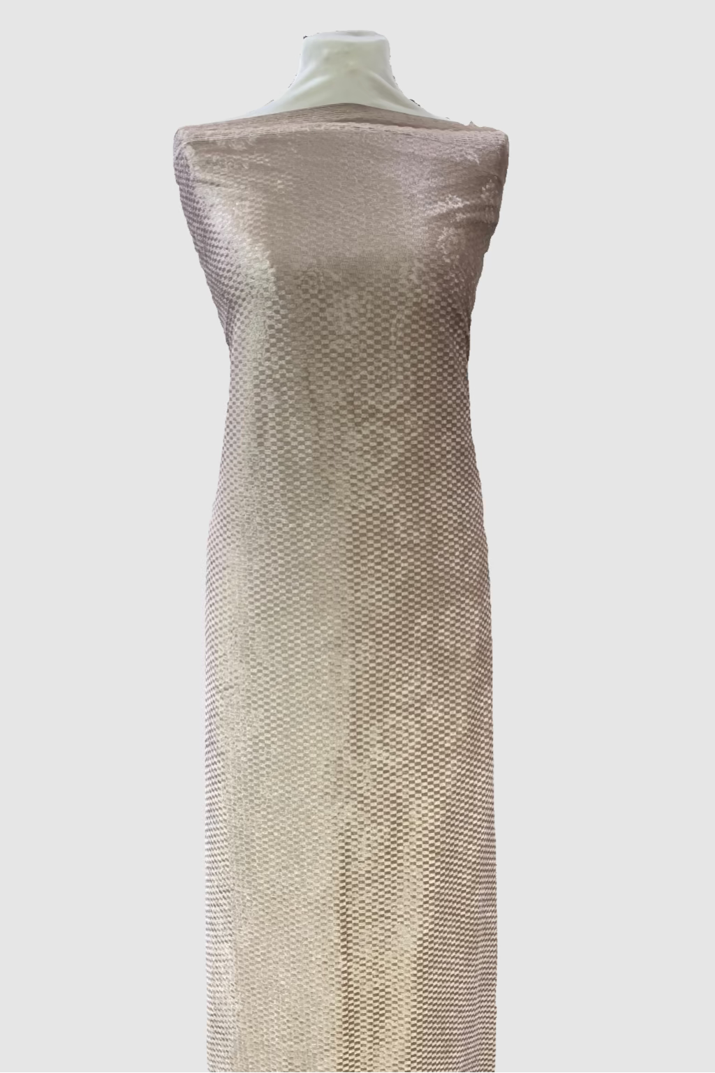 Mannequin wearing a long, beige textured dress in a store setting.