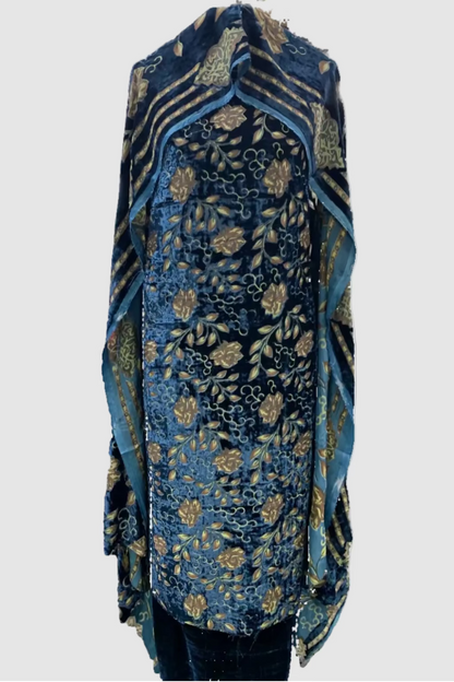 Blue printed garment in a store setting