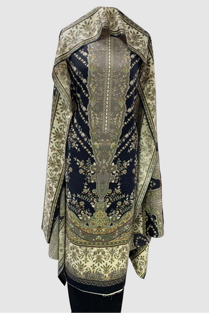 Decorative garment with intricate patterns in a fabric store setting