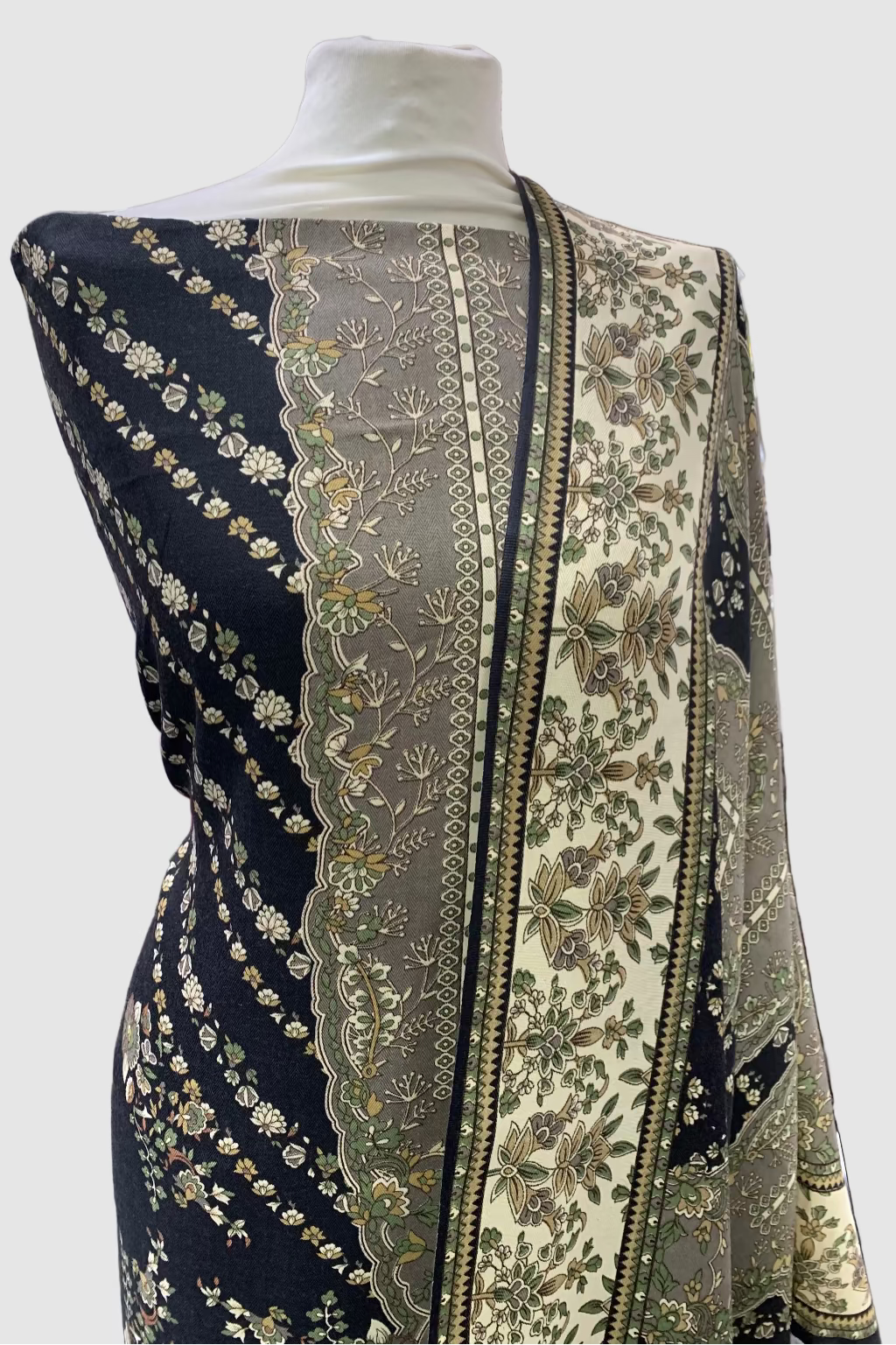 Floral print fabric on a mannequin in a store setting