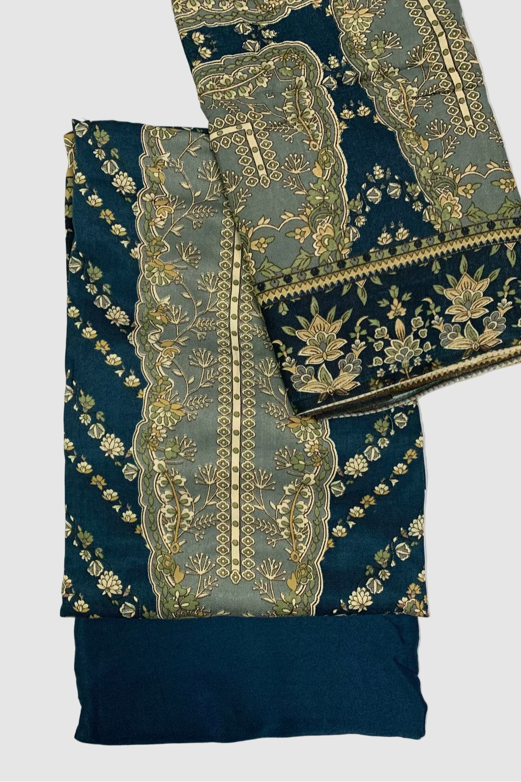 Navy blue fabric with gold floral print on a white background