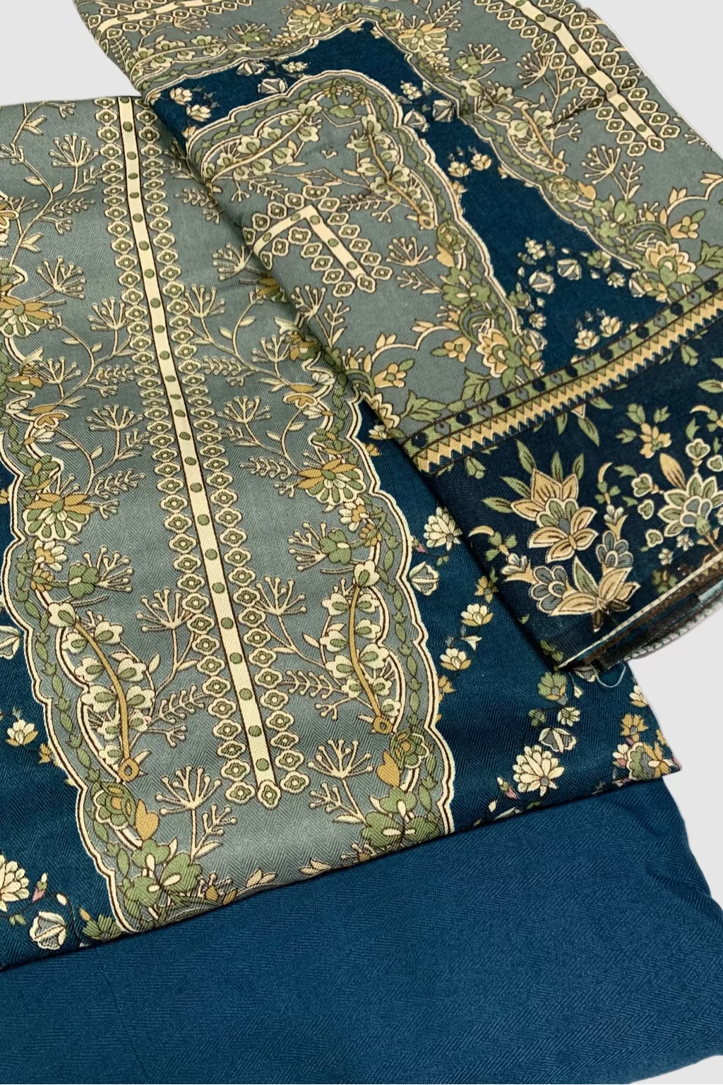 Decorative fabric with gold floral print on a white background