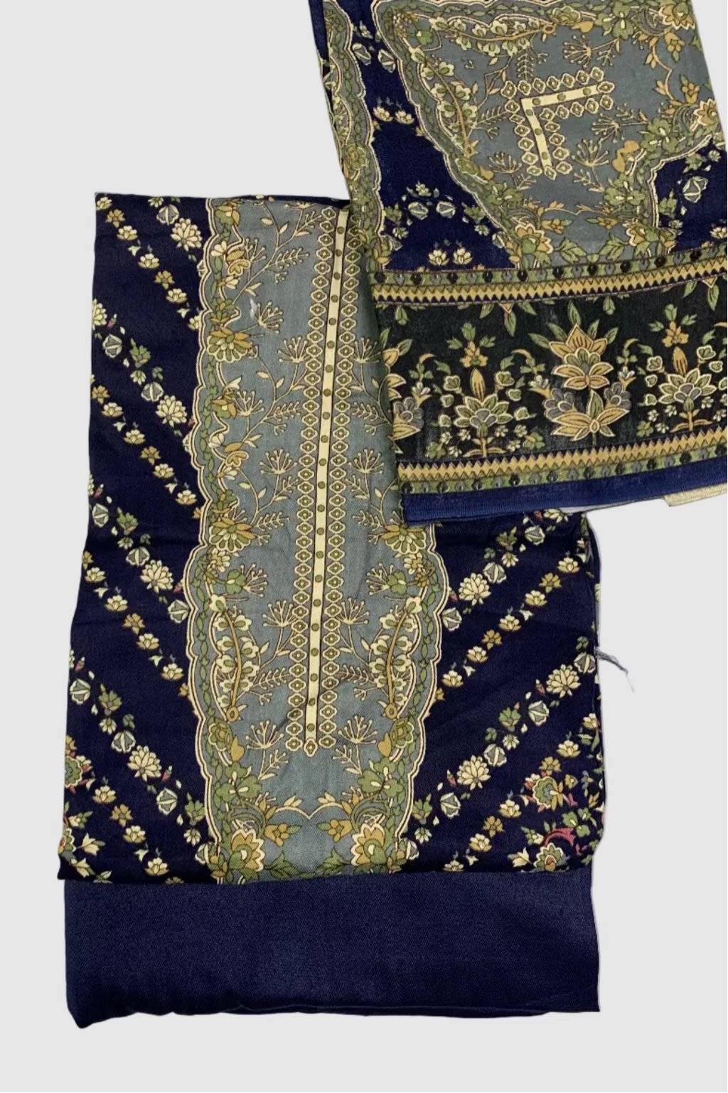 Navy blue fabric with gold floral print on a white background