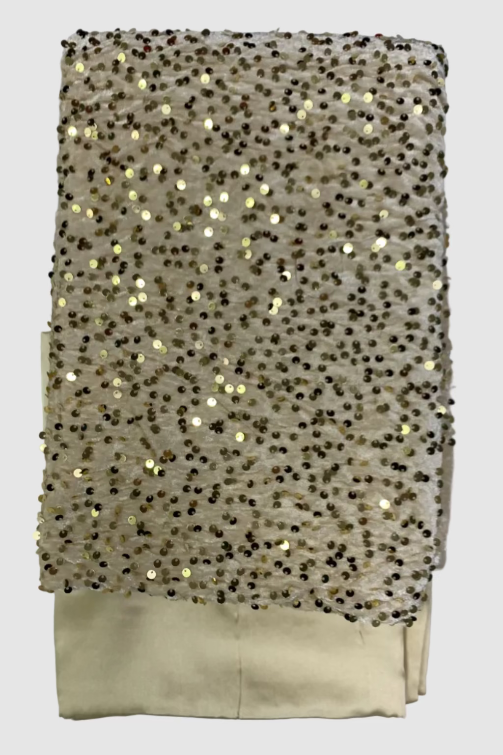 Beige fabric with gold sequins on a white background