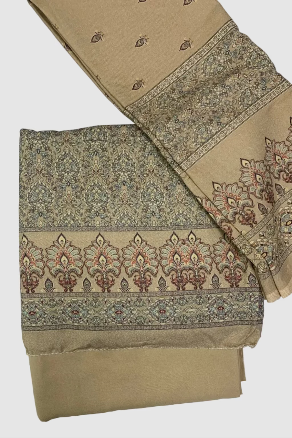 Beige fabric with intricate brown patterns on a white background