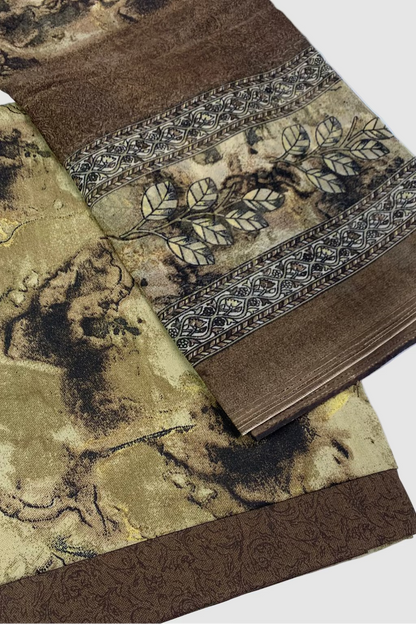 Floral print fabric with brown and beige patterns on a white background