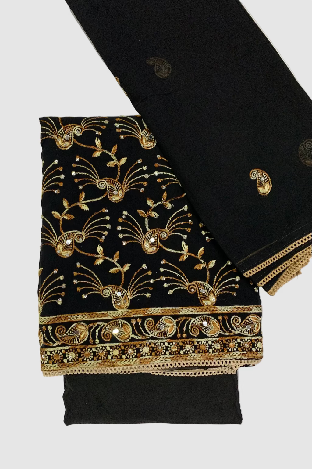 Black fabric with gold embroidery on a white background
