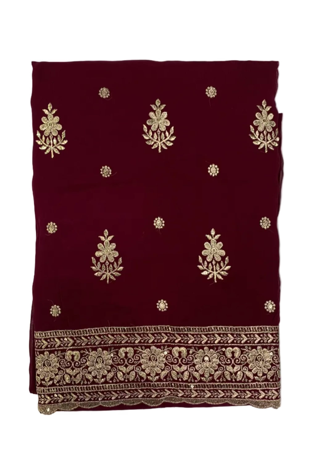 Maroon fabric with gold floral embroidery on a white background