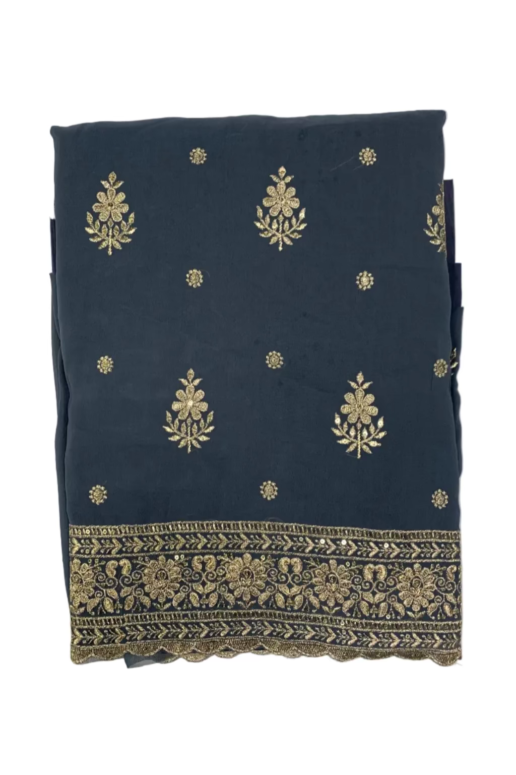 Grey fabric with gold floral embroidery on a light white background