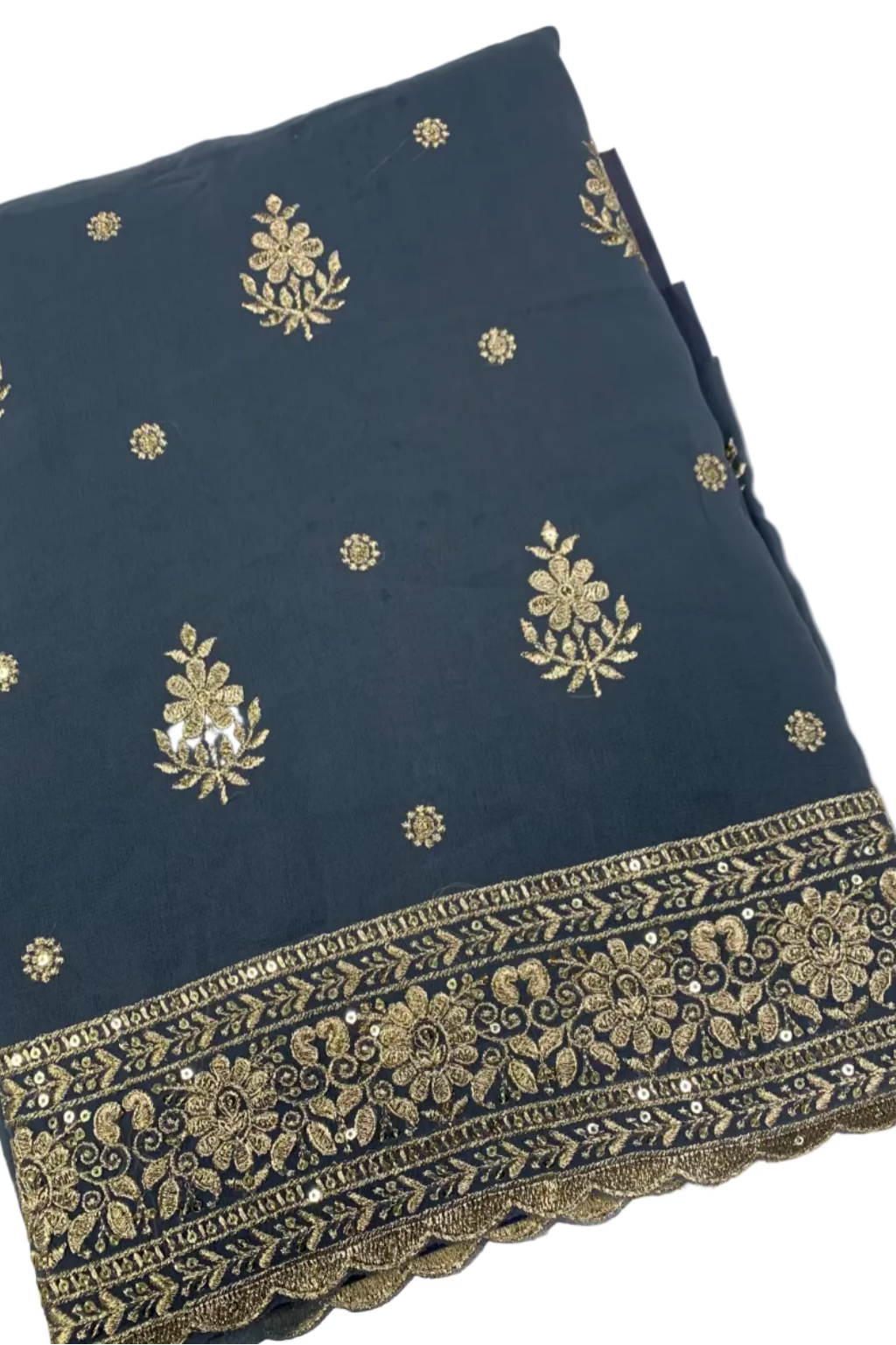 Grey fabric with gold embroidery on a white background