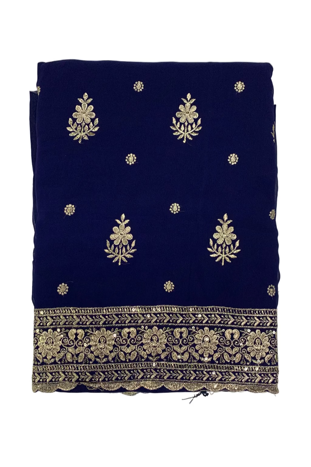 Blue fabric with gold floral embroidery on a light white background