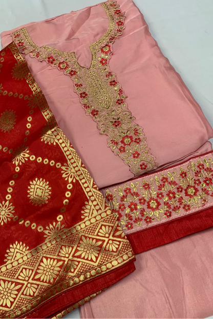 Two pieces of fabric with intricate gold embroidery on a white background
