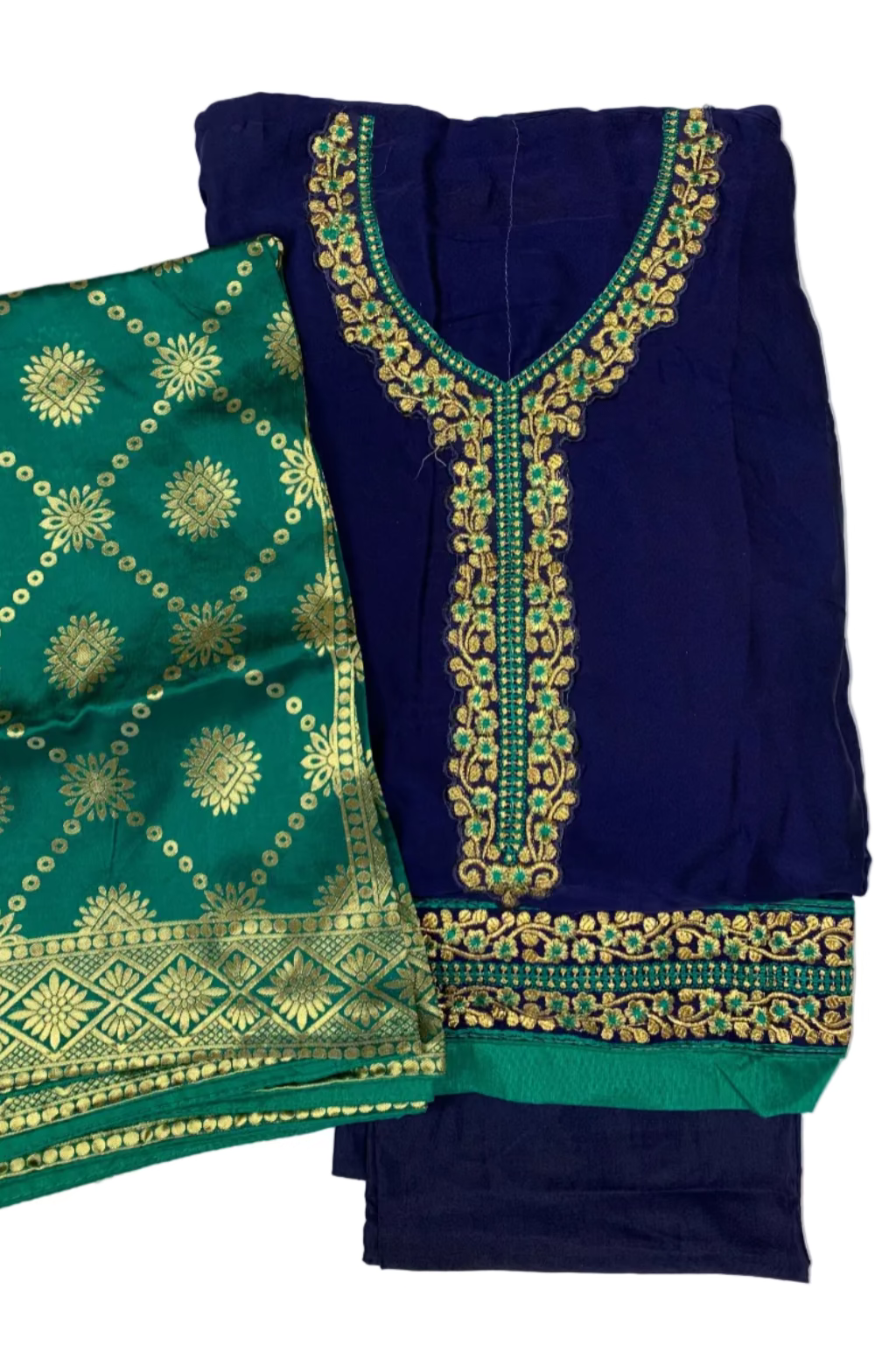 Navy blue and green traditional outfit with gold embroidery on a white background