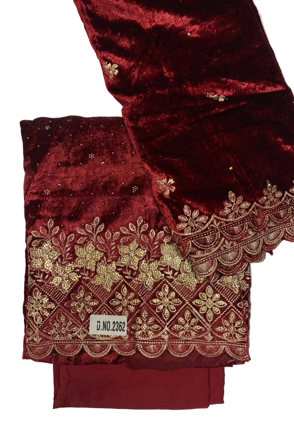Maroon fabric with gold embroidery on a white background