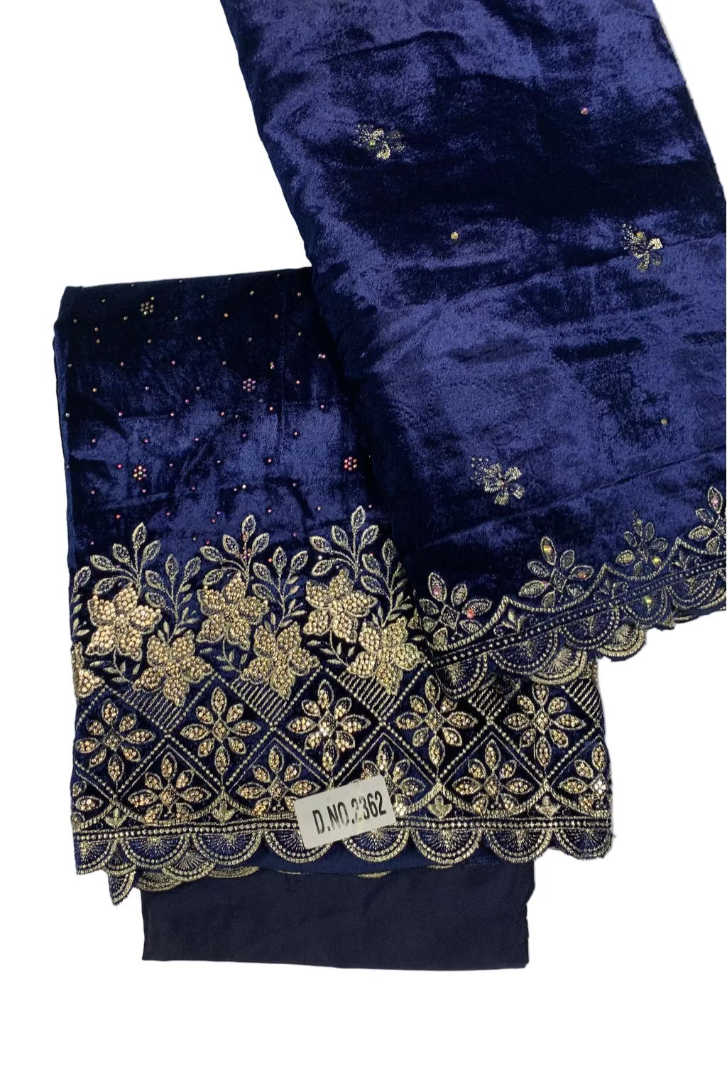 Navy blue fabric with gold embroidery on a white background