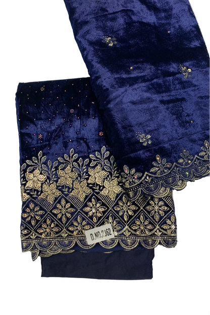 Navy blue fabric with gold embroidery on a white background