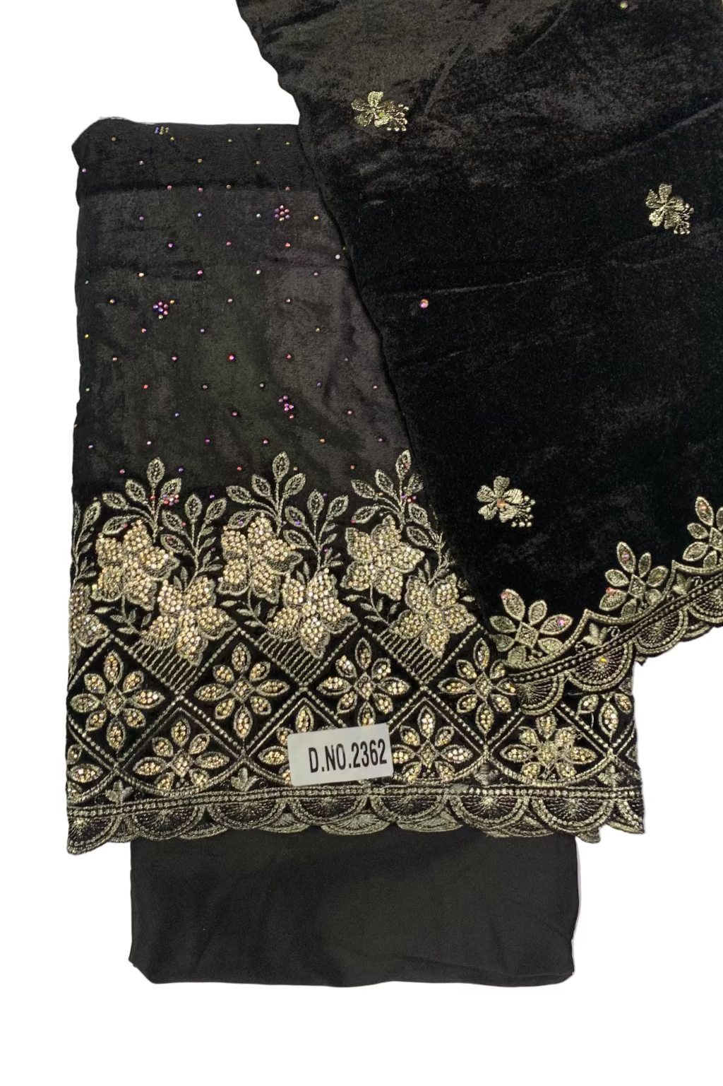Black fabric with gold embroidery on a white background