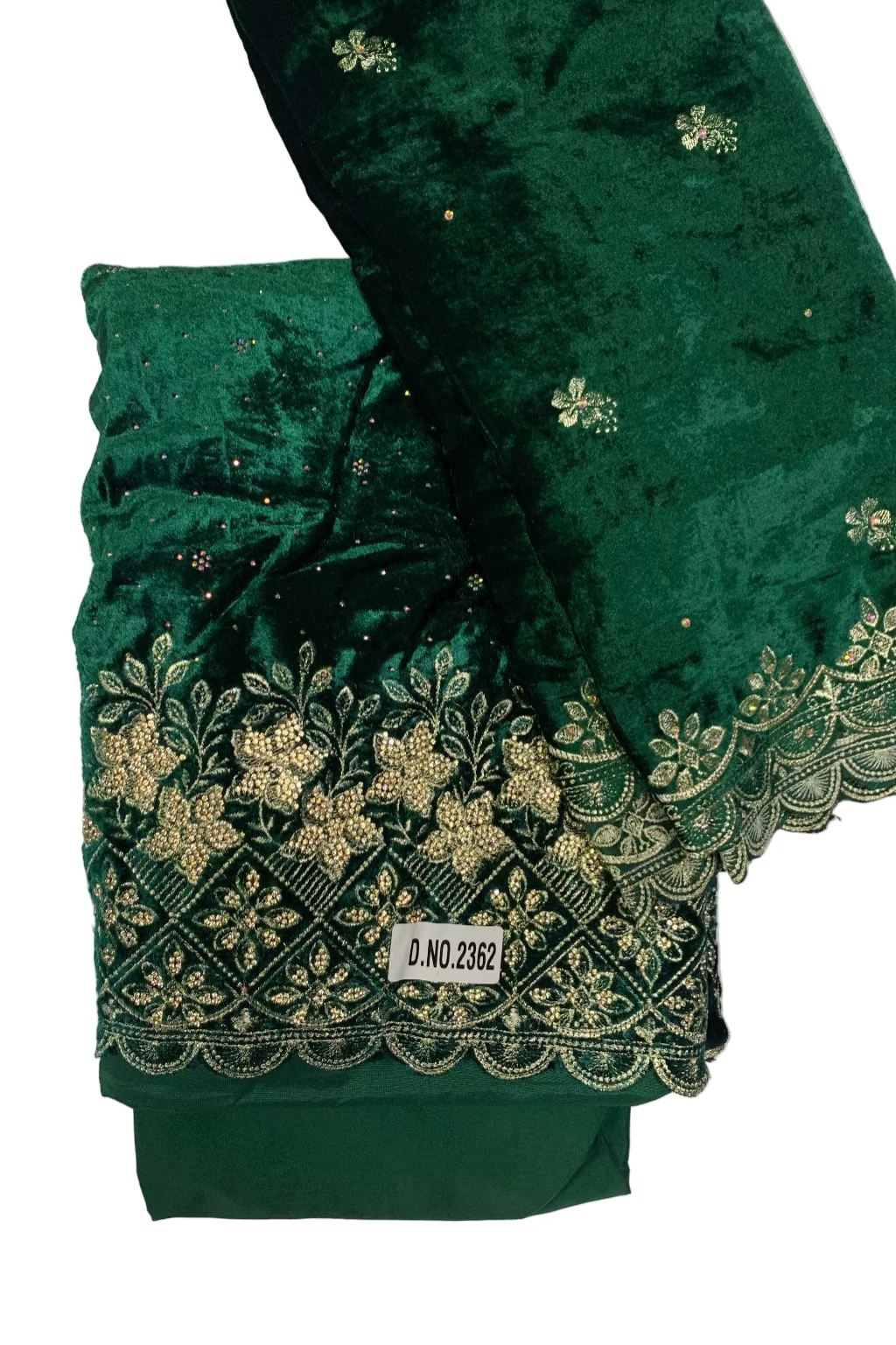 Green embroidered fabric with a label on a white background