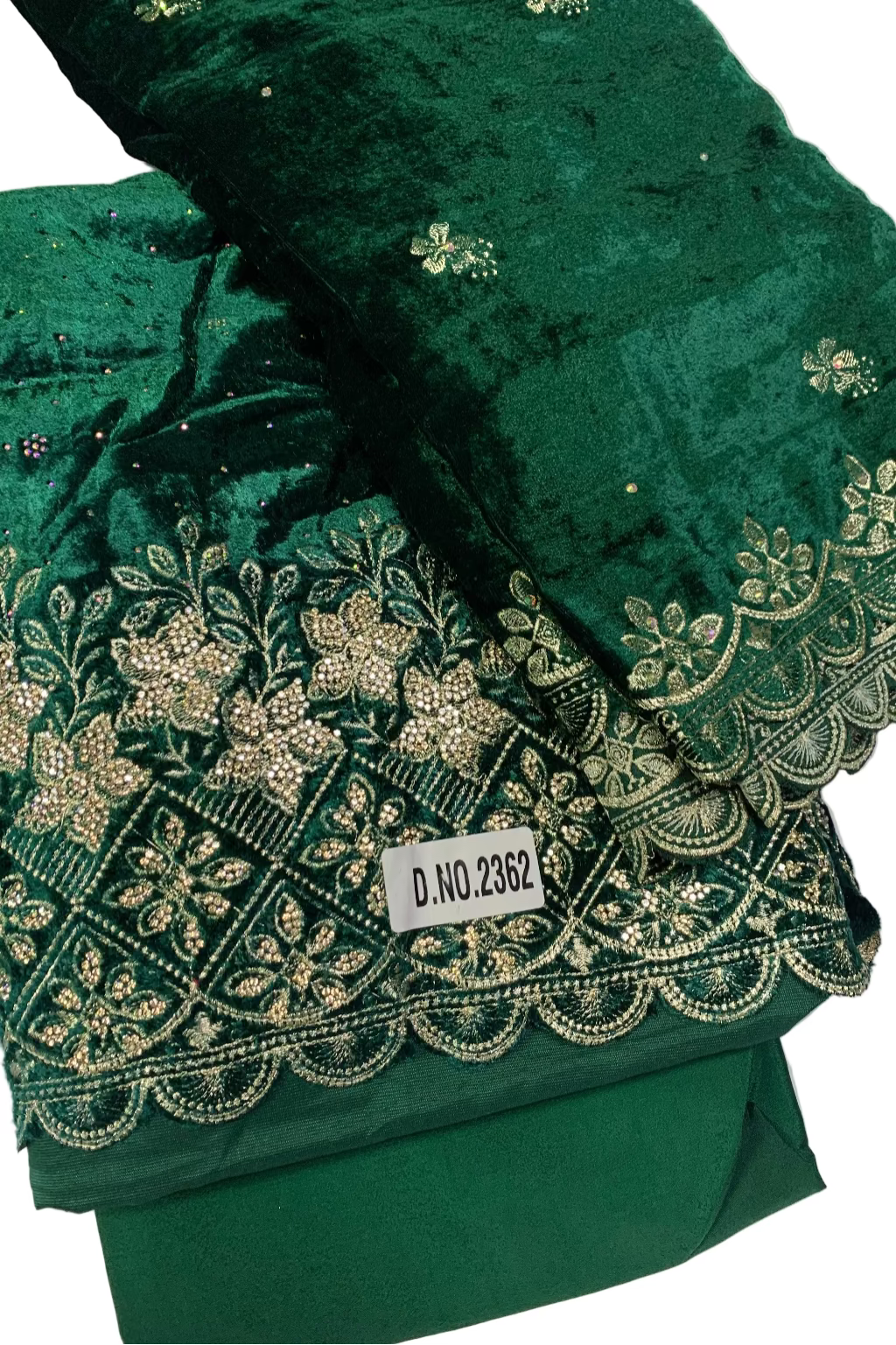 Green fabric with intricate gold embroidery on a white background