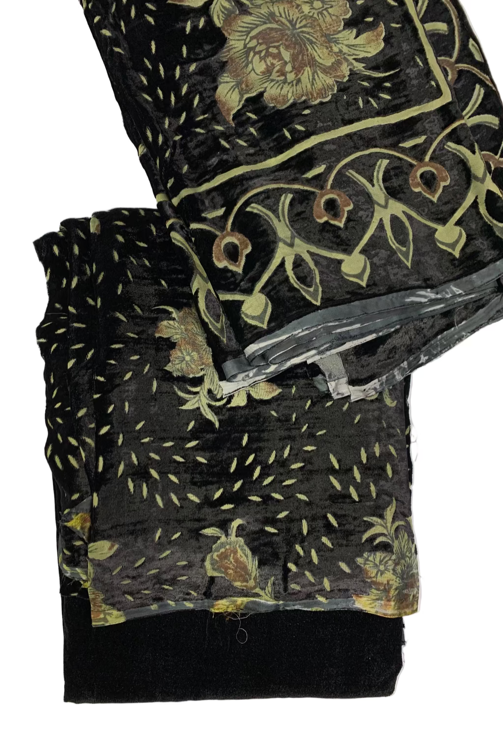 Black velvet fabric with floral print on a white background