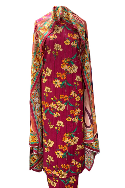 D173 Floral Full Print 3pc Unstitched Cotton Suit