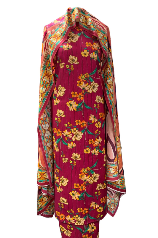 D173 Floral Full Print 3pc Unstitched Cotton Suit