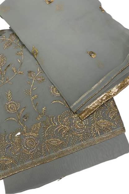 692 Floral Embroidery 4pc Unstitched Chiffon Suit with Diamante