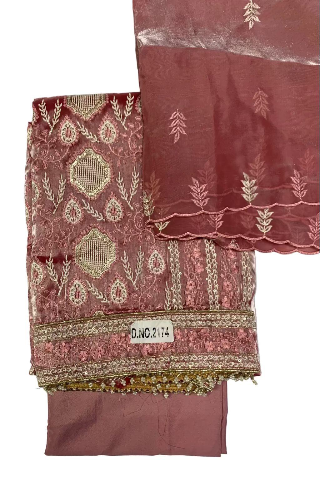Pink fabric with gold embroidery on a white background