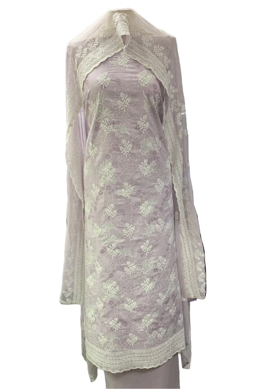 Light purple embroidered outfit on a mannequin in a store setting