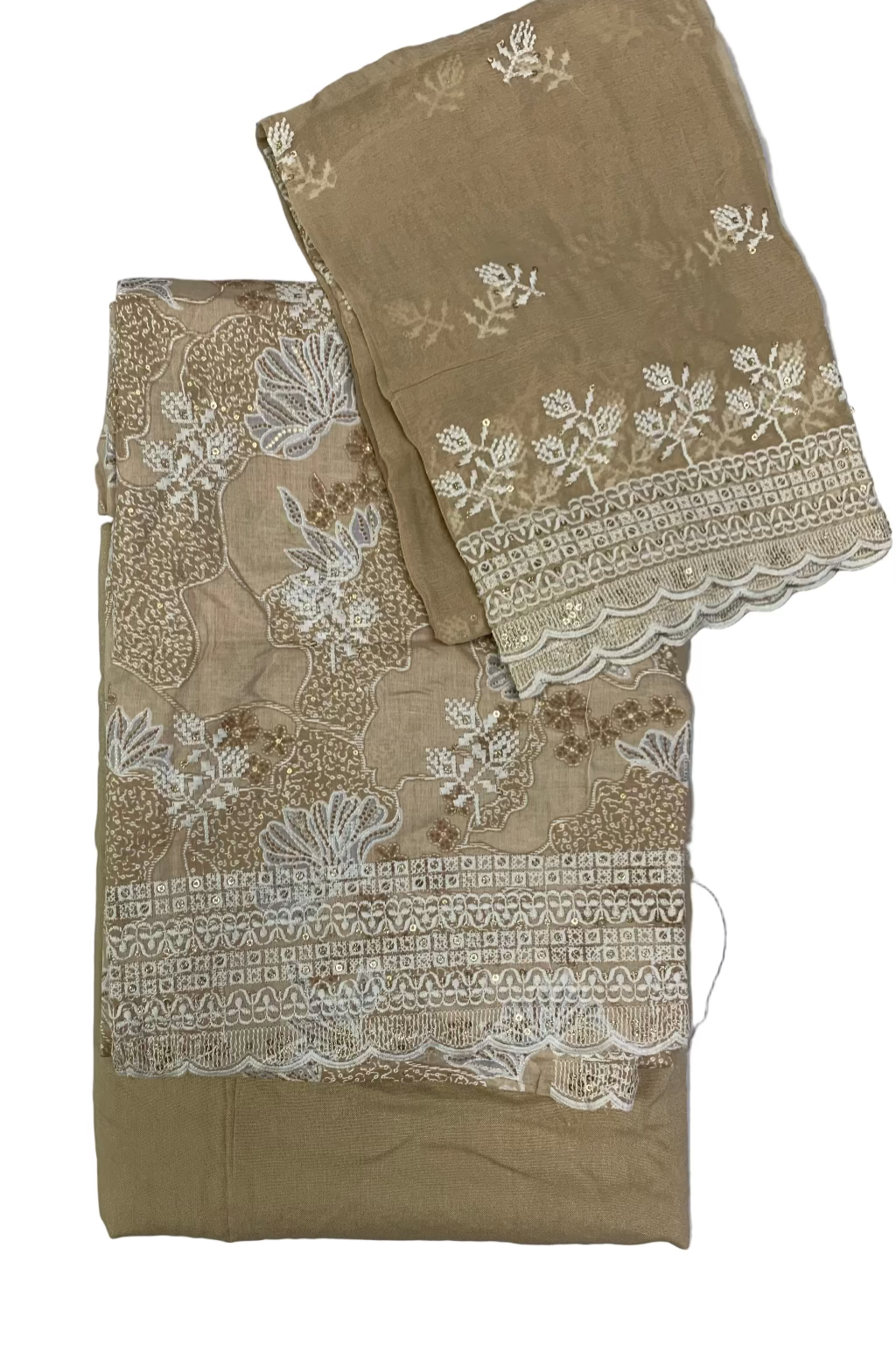 Two beige fabric pieces with white lace and floral embroidery on a light gray background