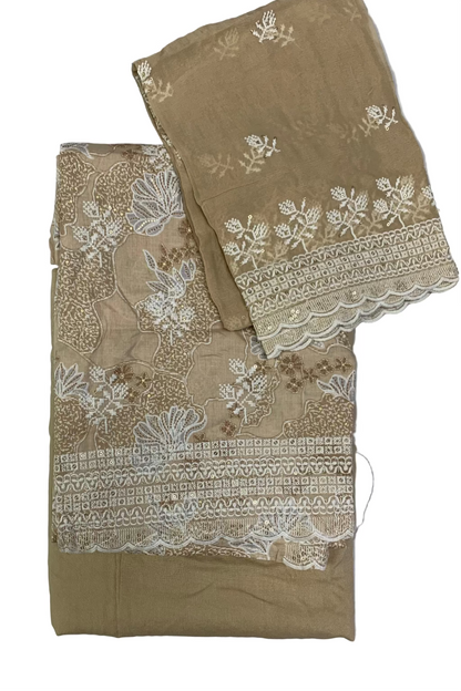 Two beige fabric pieces with white lace and floral embroidery on a light gray background