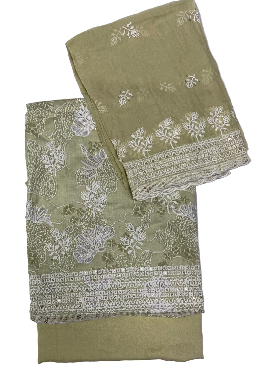 Green fabric with white floral patterns on a gray background