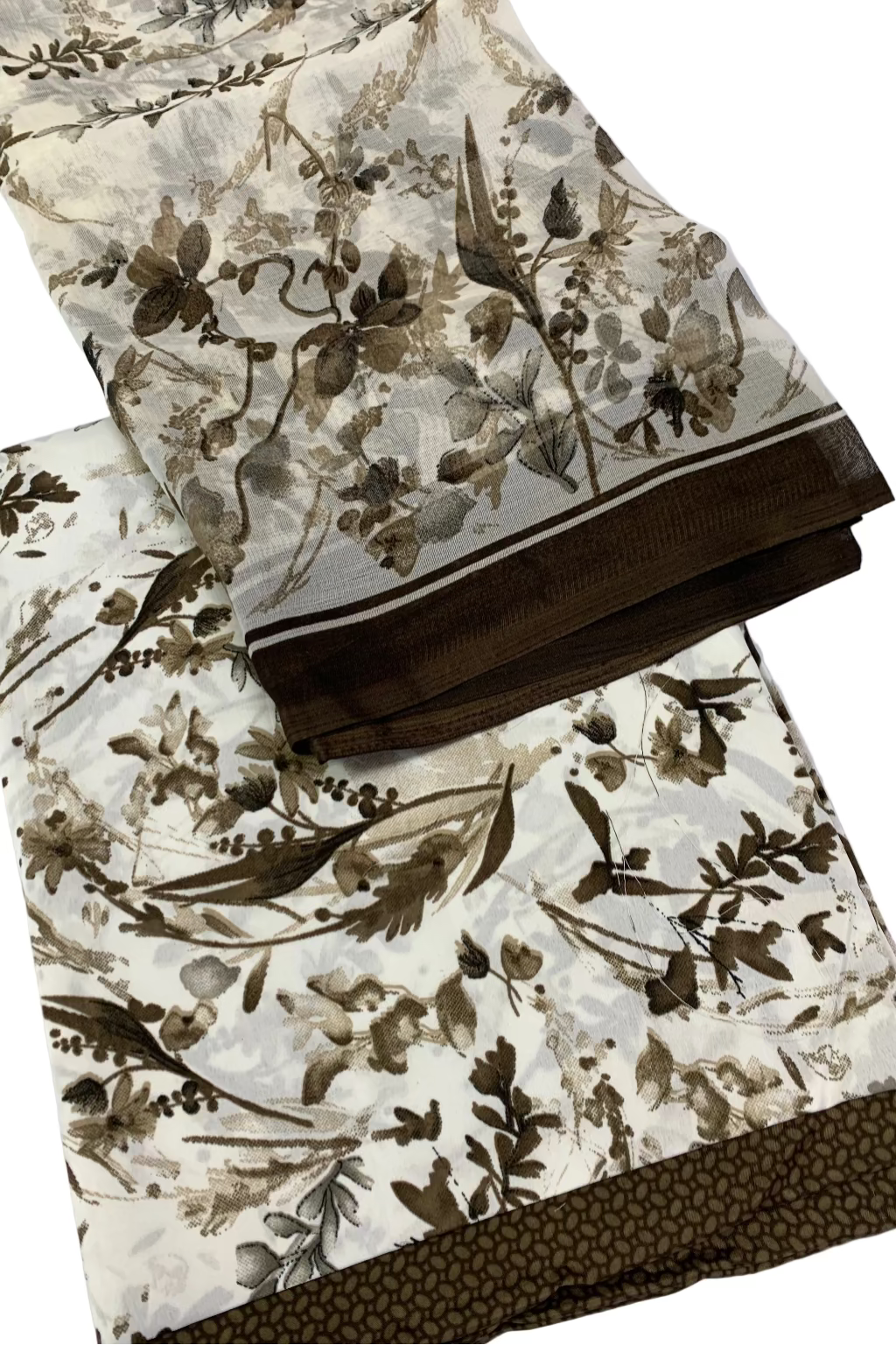 Two folded fabric swatches with a floral pattern on a white background