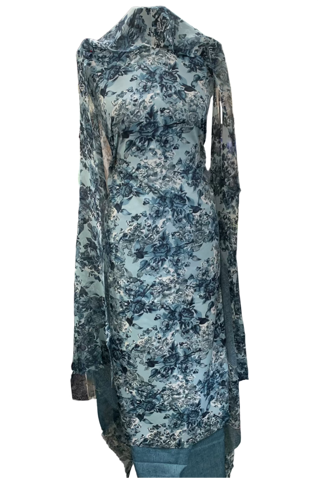 Blue floral dress on a mannequin in a fabric store