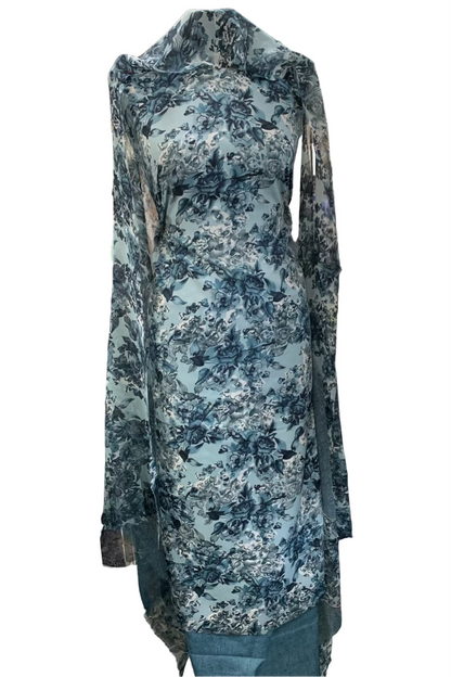 Blue floral dress on a mannequin in a fabric store