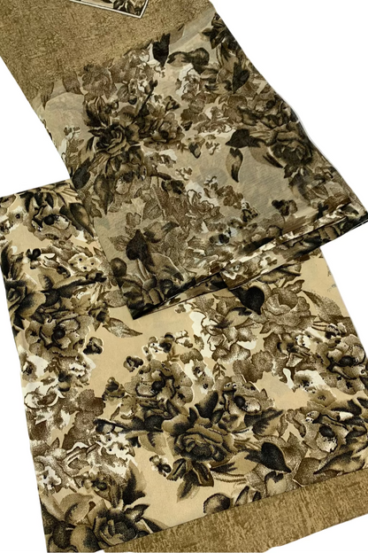 Floral-patterned fabric on a cardboard surface