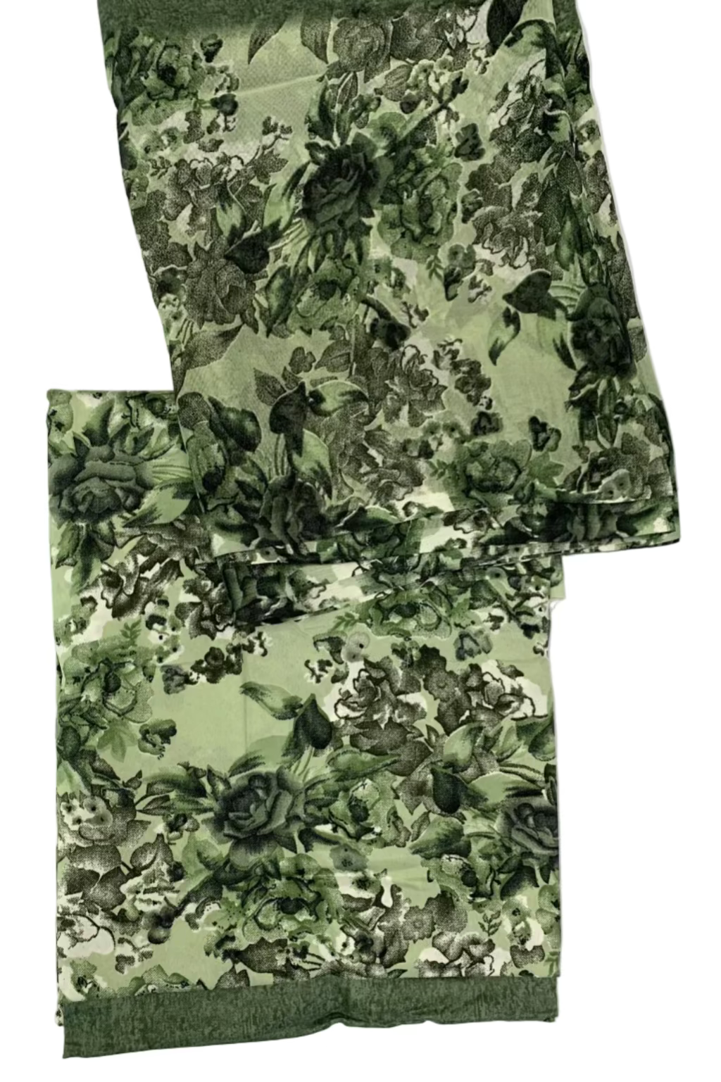 Green floral patterned fabric on a white background
