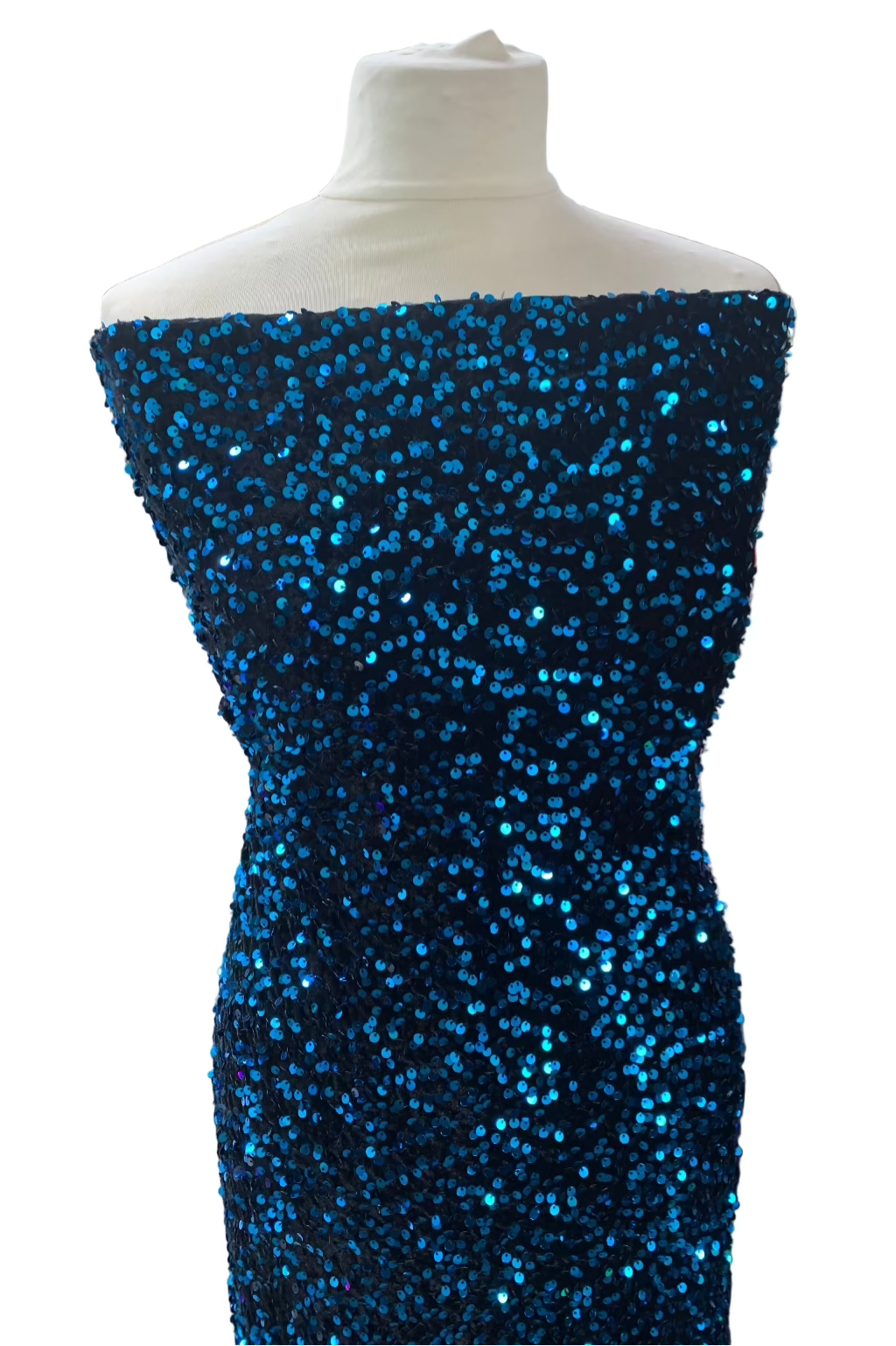 Mannequin wearing a blue sequin dress in a fabric store.