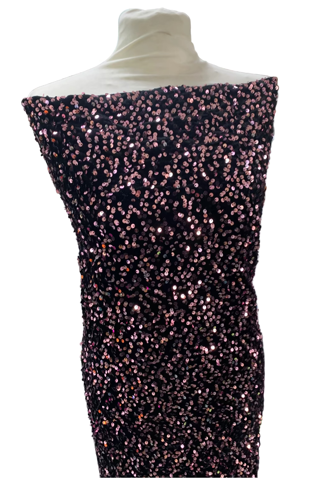 Mannequin wearing a black sequin dress in a fabric store.