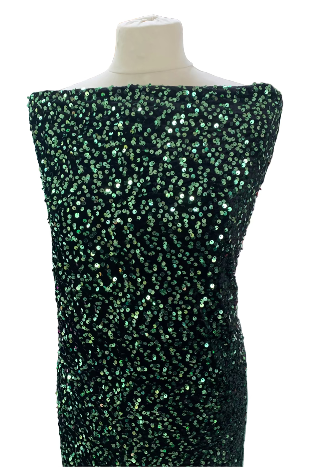 Mannequin wearing a green sequined dress in a fabric store.