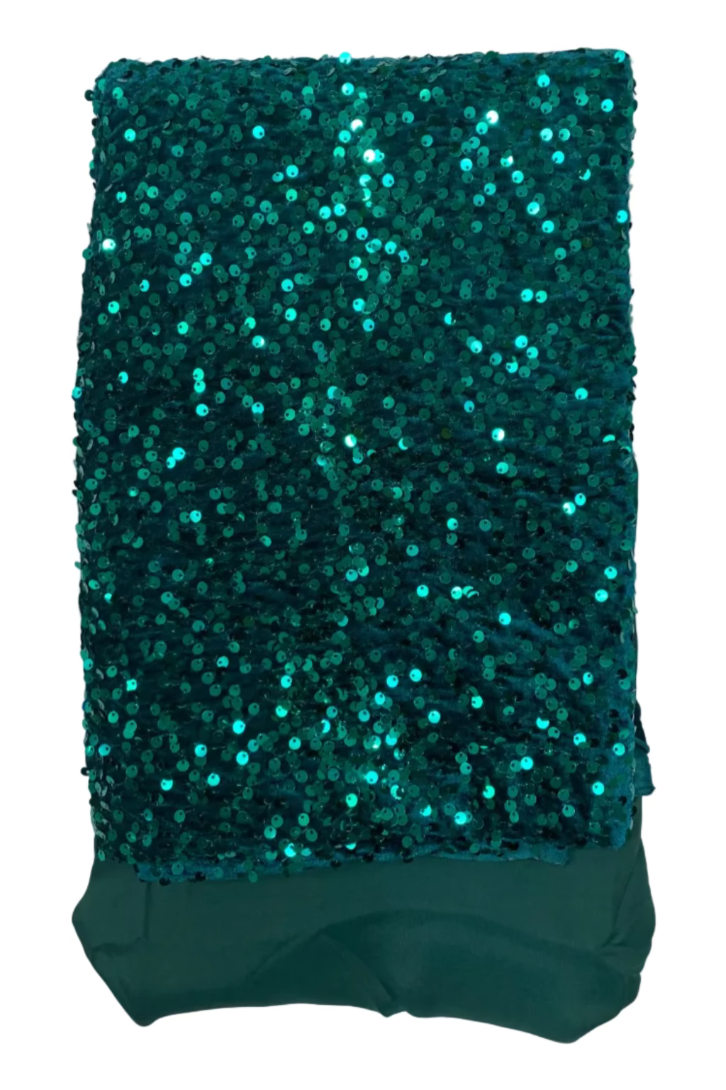 Teal sequined fabric on a plain background