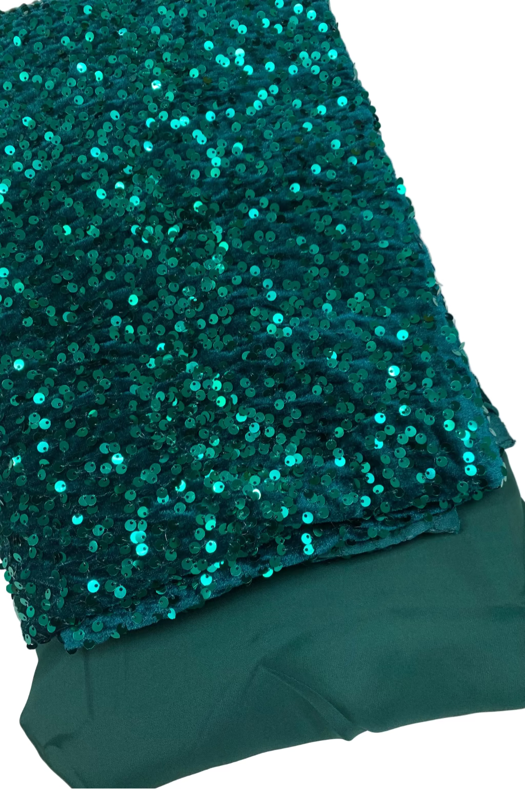 Teal sequin fabric on a white background